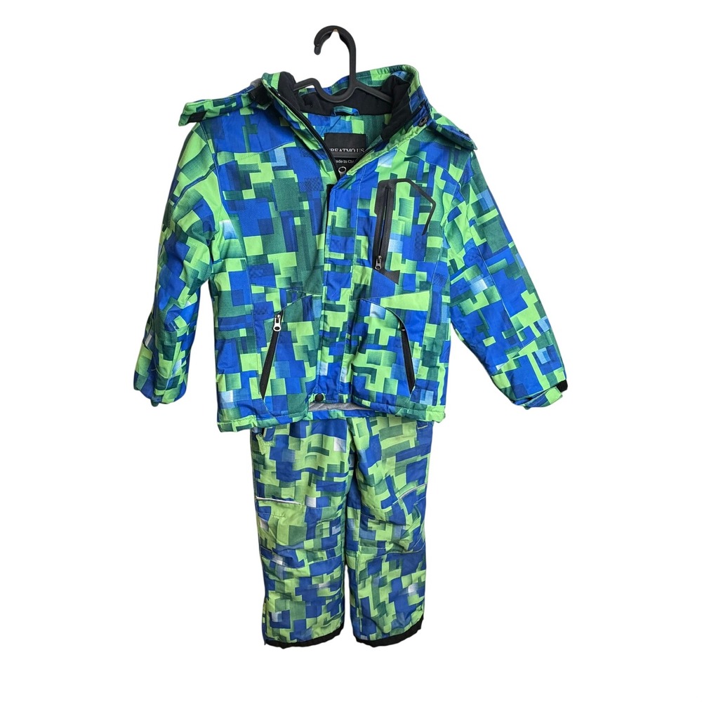 Boys Waterproof Ski Jacket and Pants Set 6-7 Blue Green Snowsuit Detachable Hood